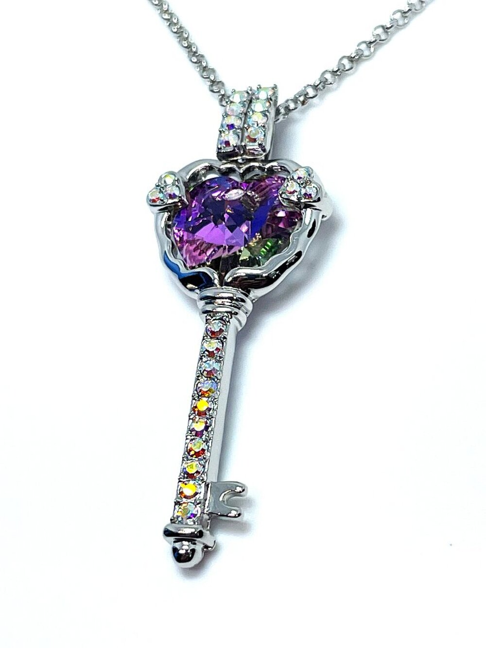 Key to My Heart Pendant Necklace, Purple Amethyst Austrian Crystals, 32.5" - Picture 4 of 7